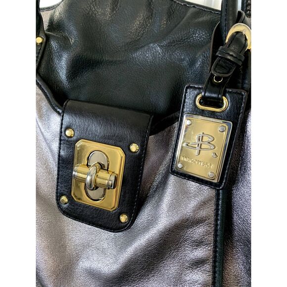 B. Makowsky Silver and Black Metallic Pebble Leather Tote Satchel Shoulder Bag - Picture 3 of 8